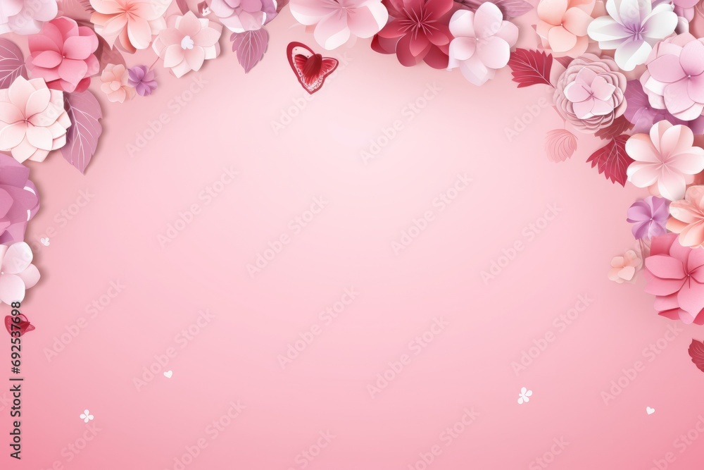 pink valentine's day card with flowers on the side with copy space for your text