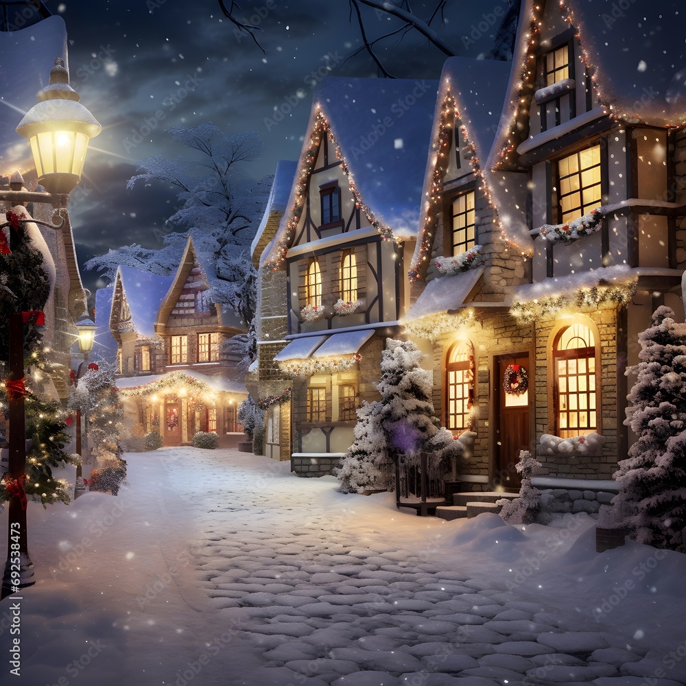 Christmas and New Year holidays in european style. Beautiful winter village.