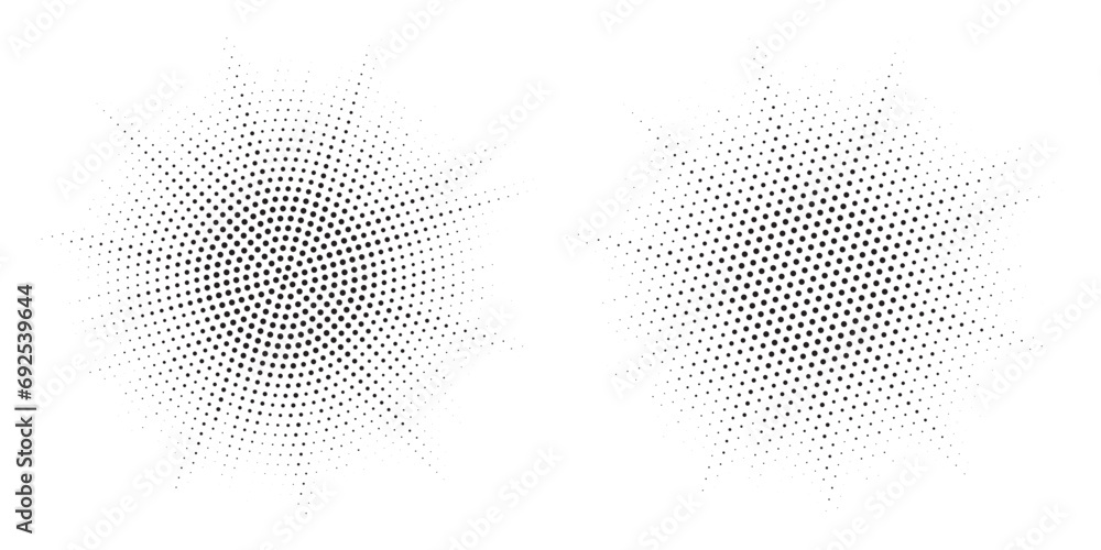 Fototapeta premium Halftone circle frame background set. Round border Icon using halftone random circle. Grunge circular stain. Vector illustration. 