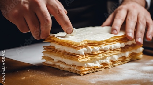 chef skillfully assembling layers for a classic French millefeuille generative ai