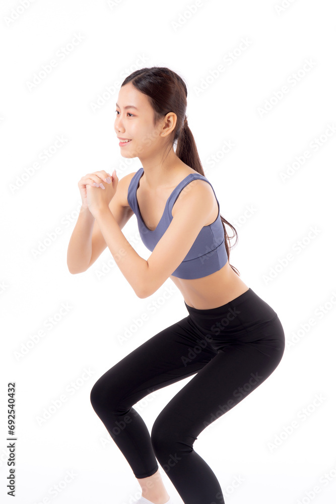 Full length portrait beautiful young asian woman in sportswear practicing doing squats for bodybuilder isolated white background, woman workout for strong and strength, sport and endurance concept. Full length portrait beautiful young asian woman in sportswear practicing doing squats for bodybuilder isolated white background, woman workout for strong and strength, sport and endurance concept.
