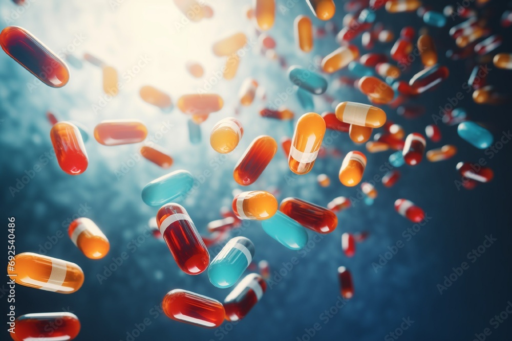 A group of antibiotic pill capsules falling. Healthcare and medical illustration background. A group of antibiotic pill capsules falling. Healthcare and medical illustration background.