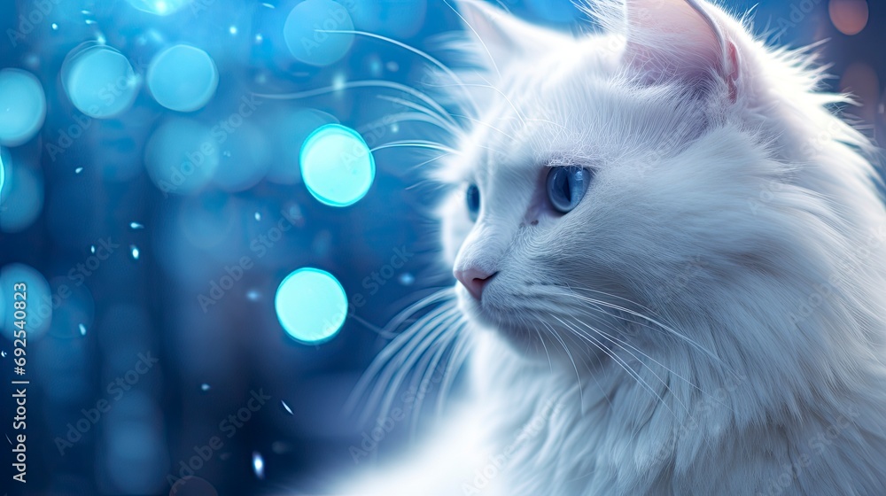 A cute fluffy cat with bright blue eyes staring outside bokeh background