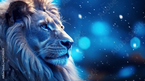 Close Up Capture of a Lion King in Dark Romantic Style, Featuring Blue Iridescent Tones, Glitter, and Bokeh Effects. © MdImam