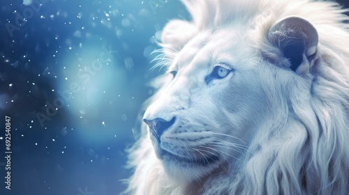 A White Lion Captured in Blue Iridescent Hues, Dark Romantic Style, Close-Up Shots, Featuring Glitter, Bokeh, and a Clean, Minimalist Aesthetic. © MdImam