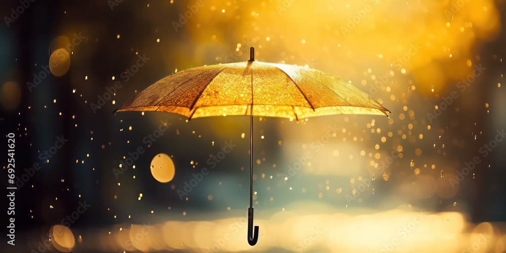 The weather concept with rain falling on a yellow umbrella,  accompanied by abstract defocused drops and subtle light flare effects