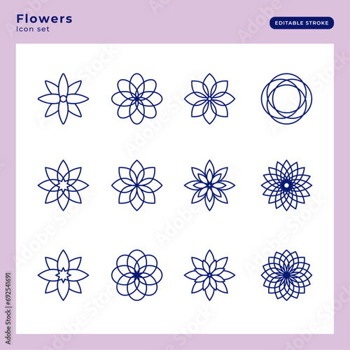 Collection d'icones de fleurs. Symbole fleuris de fleur en mandala. Icônes avec contours éditables. Différents styles de pictos de fleurs vectorielles. Motif, décoration florale, modèle, set. Flocon 