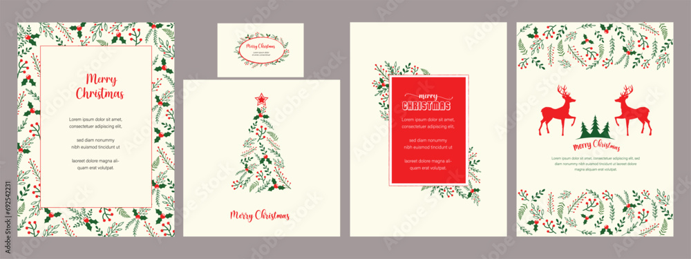 Traditional Corporate Holiday cards with Christmas tree, reindeers, birds, ornate floral frames, background and copy space. Universal artistic template
