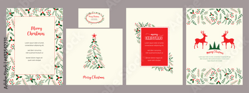 Traditional Corporate Holiday cards with Christmas tree, reindeers, birds, ornate floral frames, background and copy space. Universal artistic template