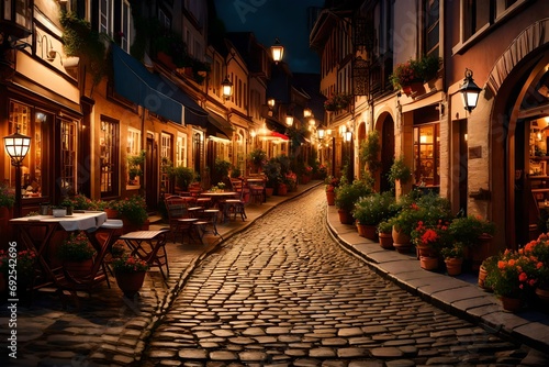A scenic view of a charming street lined with cobblestones, antique lamps, and quaint cafes, setting the stage for a romantic evening stroll