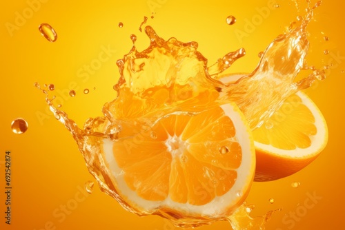Splashed orange juice on yellow background, summer drink
