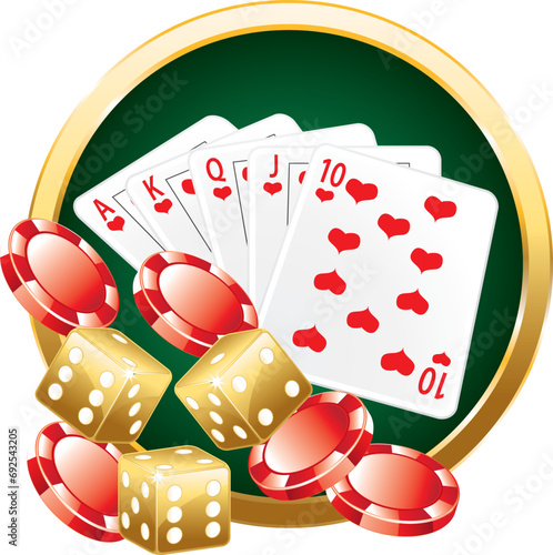 Colorful casino composition. Vector icons set. Golden illustration. Hearts royal flush.