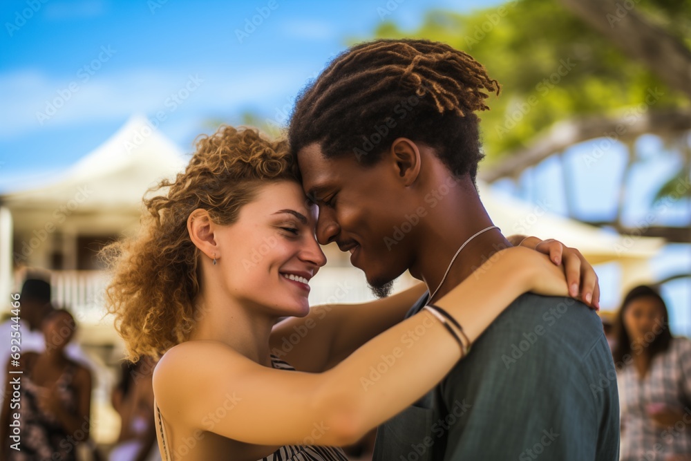 Happy romantic diverse passionate couple in love dancing on the ocean coast stading arm in arm very close for Saint Valentine's day concept
