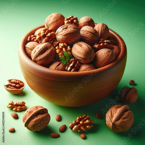 bowl of nuts isolatted green photo