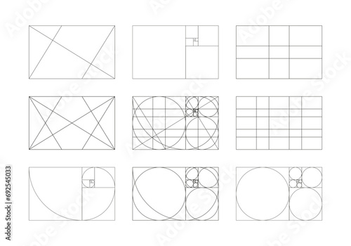 Golden ratio template set. Method golden section. Fibonacci array, numbers. Harmony proportions logotype. Abstract vector background. Outline graphic illustration. Eps. photo
