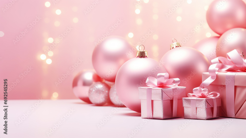 A festive background with pink Christmas balls and gift boxes on a pink background. A Bright and shiny holiday pink Christmas and New Year backdrop with copy space.