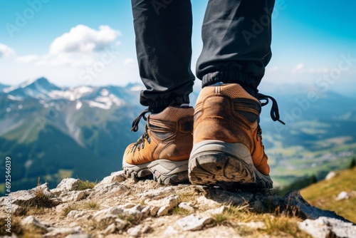 Hiking Boots on Mountain Peak Overlooking Scenic View
