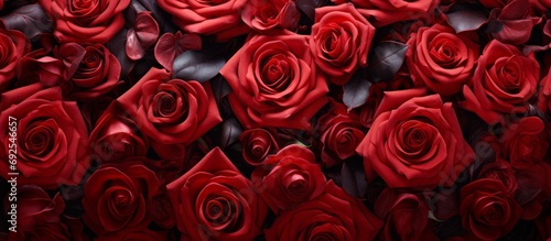 Natural fresh red roses flower pattern wallpaper. top view  red rose flower wall background.