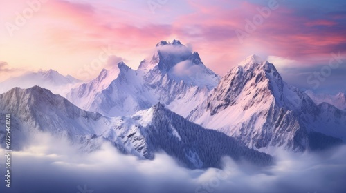 Panoramic view of snow covered beautiful mountain peaks. Pink morning light on snow mountains © Neda Asyasi