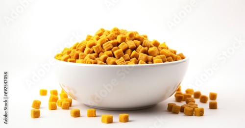 Crunchy Delight: Real Peanut Butter Sweetened Crunchy Corn Cereal in a Bowl, Presented on a Clean White Background.
