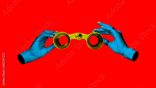 Female hands holding binocular, opera glass against red background. Theater time. Contemporary art collage. Concept of y2k style, creativity, surrealism, abstract art, imagination. Colorful design