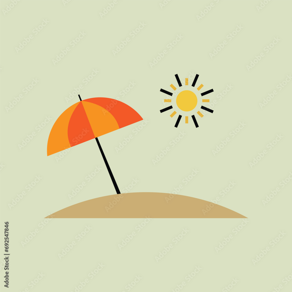 Summer display, pile of sand, sun, beach umbrella, poster design, on yellow background, vector illustration