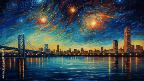 Detroit Skyline Starry Night Oil Painting photo