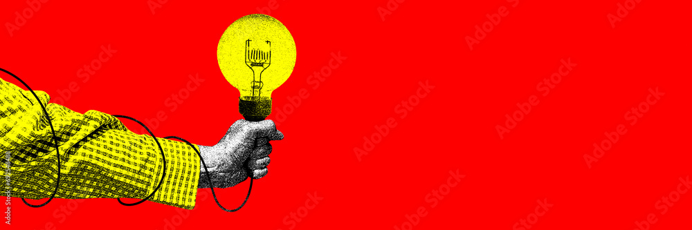 Obraz Human hand holding lightbulb over red background. Ideas. Contemporary art collage. Concept of y2k style, creativity, surrealism, abstract art, imagination. Colorful design