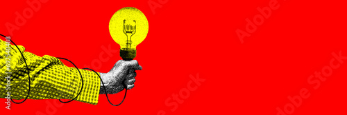 Obraz na płótnie Human hand holding lightbulb over red background. Ideas. Contemporary art collage. Concept of y2k style, creativity, surrealism, abstract art, imagination. Colorful design
