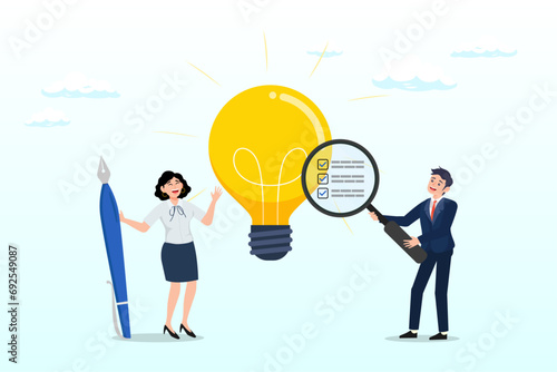 Businessman with magnifier analyse light bulb idea business viability checking, validate idea by market research to see possibility to success, evaluate profitable of business idea (Vector)