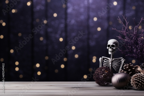 Halloween decoration on wooden table and bokeh lights background.