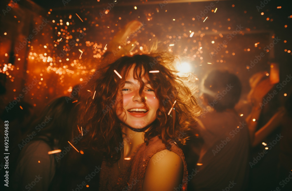 Portrait of beautiful young woman having fun with confetti in a nightclub