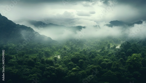 Mystical Forest Embrace A Beautiful Scenery of Green Tree Forest Enveloped in Ethereal Fog © Fatema