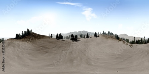 Snow-covered pine forest scene, 360 panorama, 3D rendering