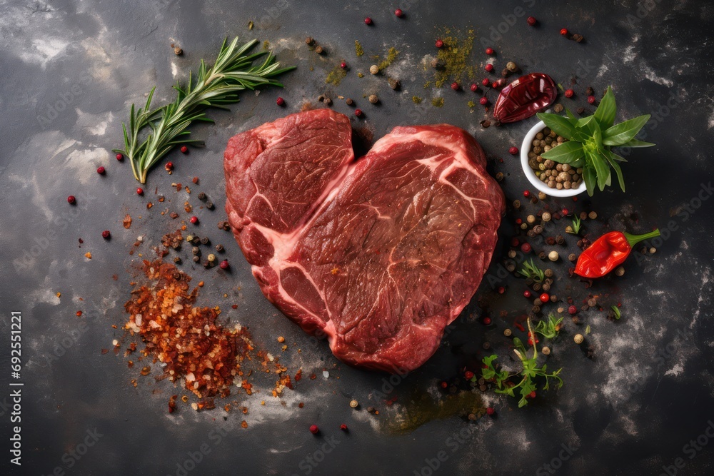 Raw beef steak in heart shape on black table. Generative AI