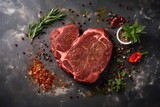 Raw beef steak in heart shape on black table. Generative AI