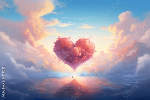 Pink heart in clouds, watercolor valentines day background. Generative AI