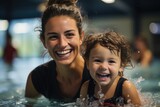 Personal trainer guides a child through swimming lessons in a pool. Perfect for promoting swimming classes for kids, the image captures the essence of safety, fun, and skill-building.