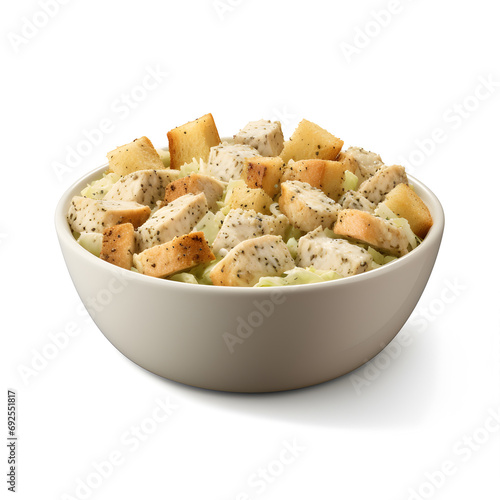 Chicken salad with croutons in a bowl isolated on a white background. AI Generative