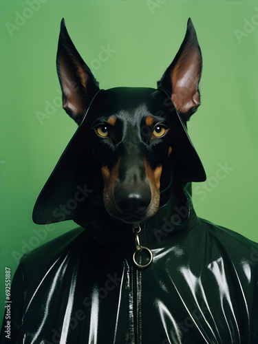 Portrait of a black Doberman in a leather jacket on a green background. AI Generative © narokzaad