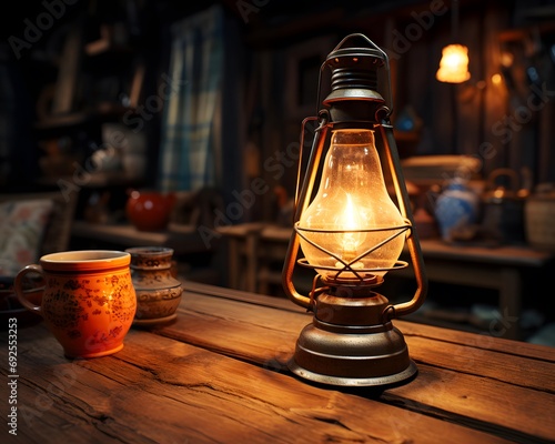 Kerosene lamp on a wooden table with a cup of coffee