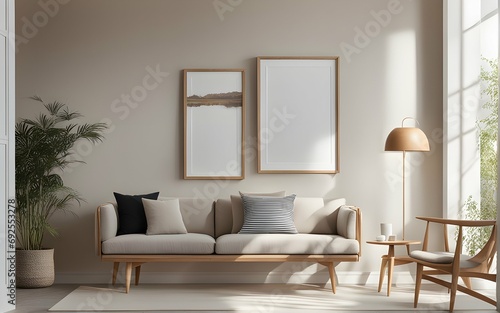 Mock up frame in home interior background, beige room with natural wooden furniture, Scandinavian style 