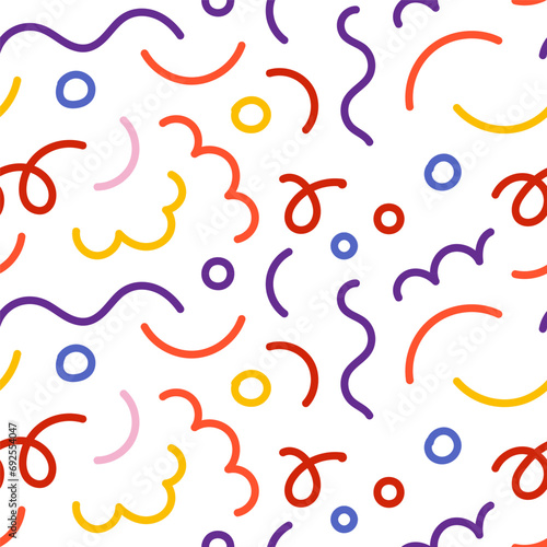 Cute hand drawn colorful line doodle squiggle seamless pattern. Creative minimalist style art background for kids or trendy design with basic shapes. Simple childish scribble swirls.