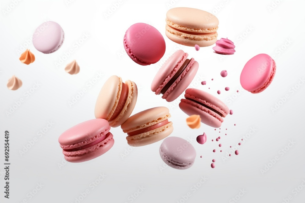 Various colorful of macarons floating on the air isolated on clean background, Desserts sweet cake Various colorful of macarons floating on the air isolated on clean background, Desserts sweet cake