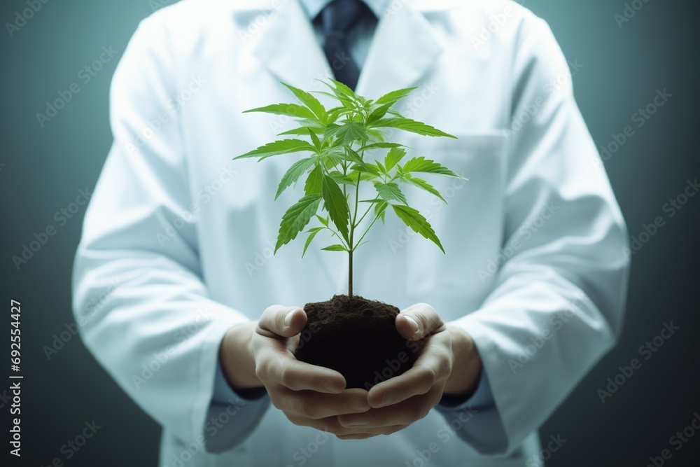 A man wearing a lab coat holding a plant. This image can be used to depict scientific research, botany, or environmental studies A man wearing a lab coat holding a plant. This image can be used to depict scientific research, botany, or environmental studies