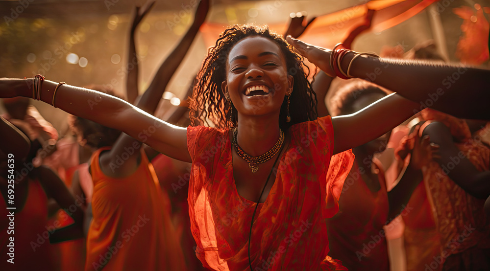 Happy African women with traditional dance during the festival - obrazy, fototapety, plakaty 