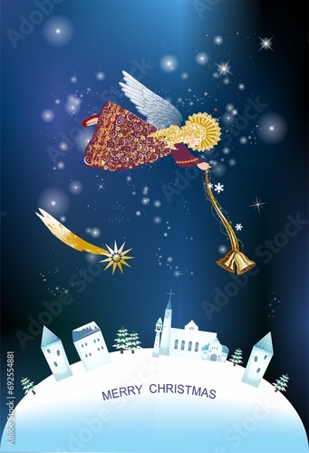   composition with an angel who flies above the earth and rings bells

