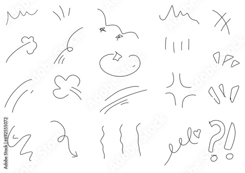 Line movement element, emotion effect decoration icon. Hand drawn doodle line element arrow, emphasis, wind, sparkle. Anime emotion, express shape. Vector illustration.