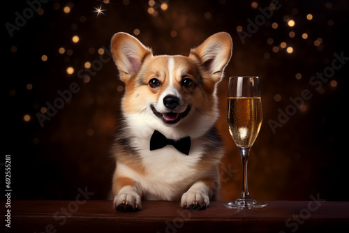 Welsh Corgi Pembroke in a suit at a party with a glass of champagne. Generative AI. Happy New Year greetings from a dog. The wolf of Wall Street.