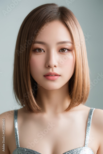 Portrait of beautiful Japanese women in a sleek side-swept bob in ice silver makes a statement alongside a dramatic one-shoulder top